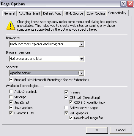 Page Options: Both Browsers, 4.0, Apache server